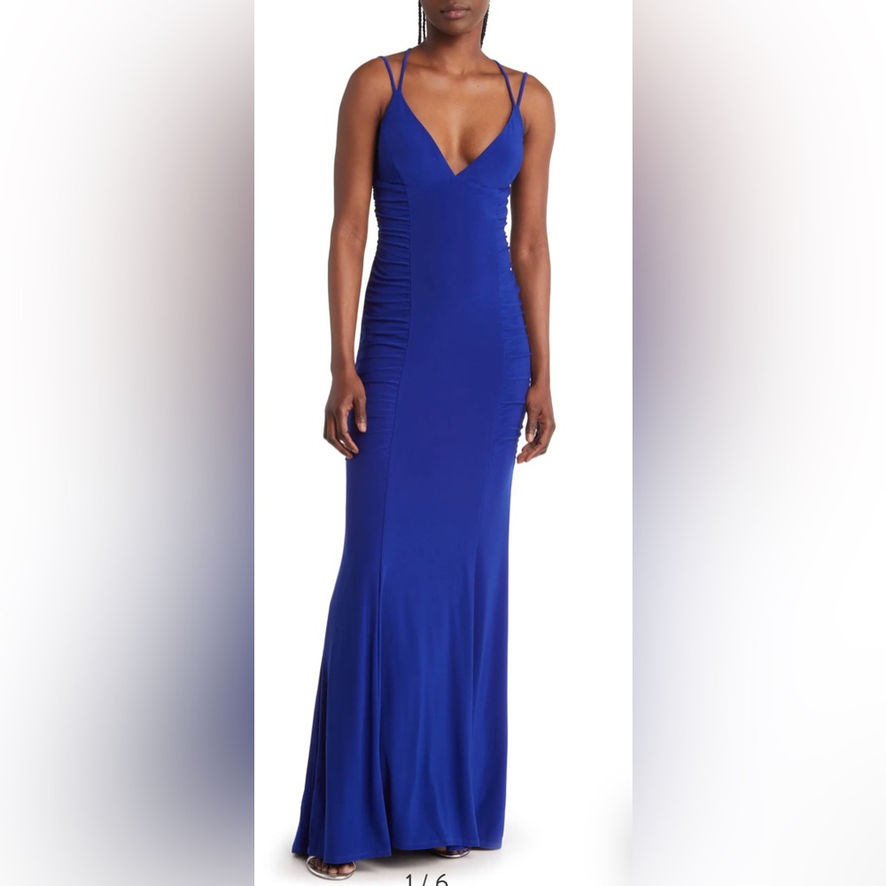 Jump Apparel Ruched Lace-Up Jersey Blue Column Gown Size 1/2 NWT
